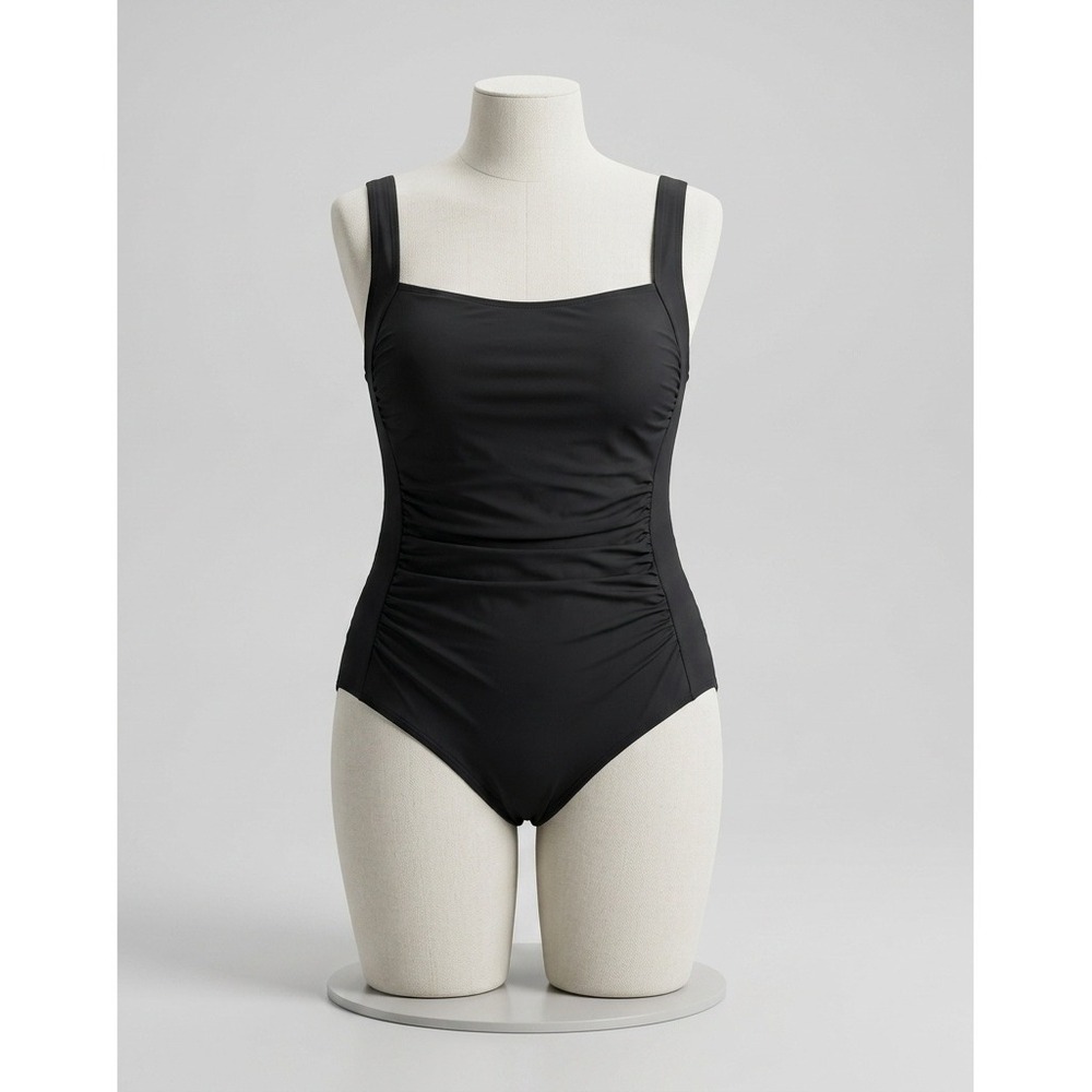 Black One Shoulder Mesh Panel One Piece Swimsuit Ruched Back New